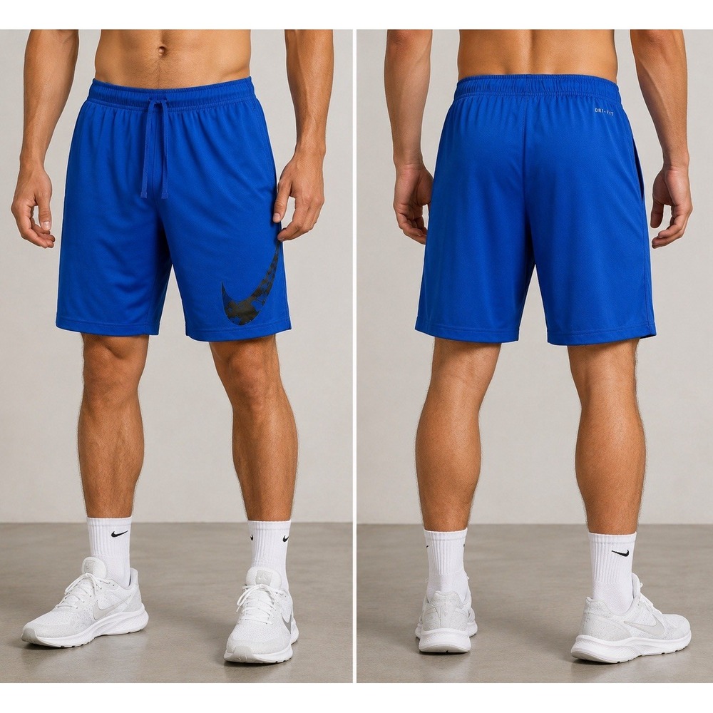 Nike Dri Fit Blue Shorts with Camouflage Swoosh, men's size Medium Drawstring